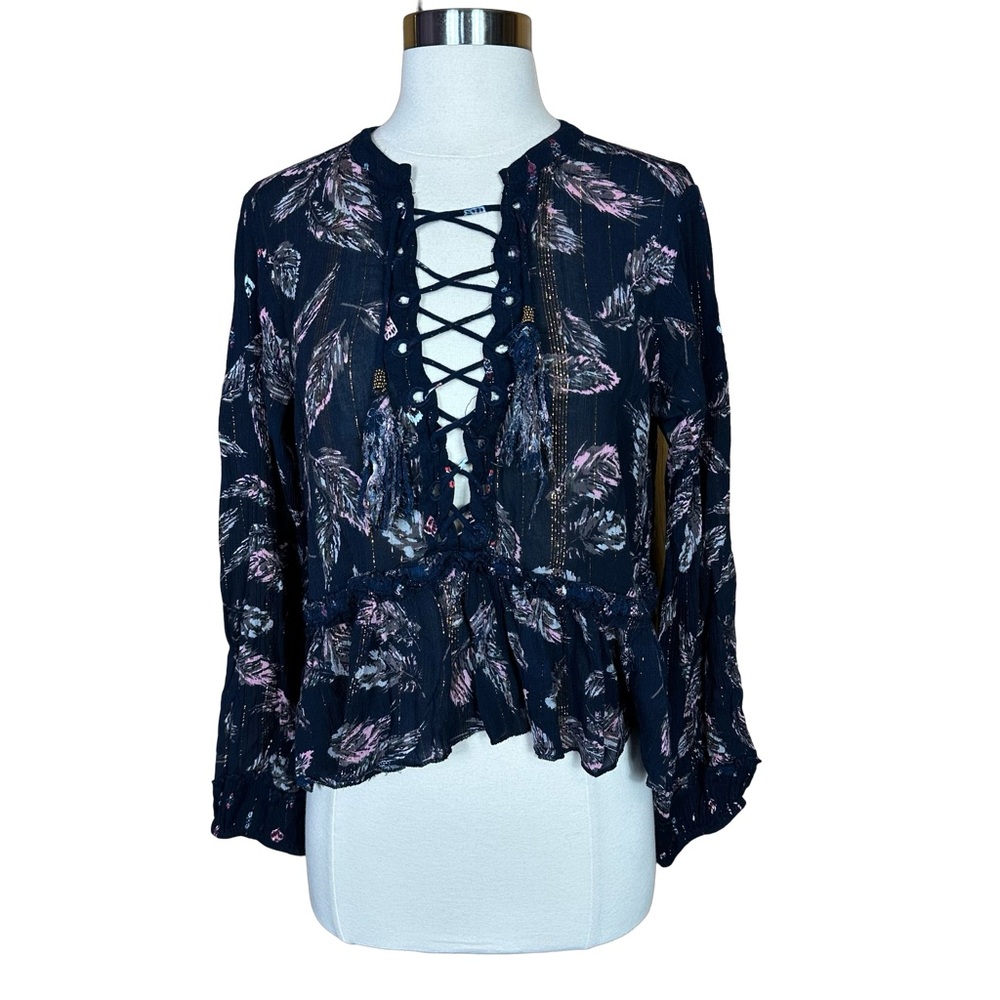 Z&L Boho Feather Metallic Lace Up Front Cropped Peplum Tassel Navy Blouse Top M